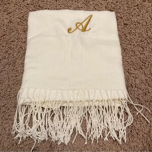 Cream scarf Gold A embroidered with Fringe Soft Thin 6ft Long NWOT